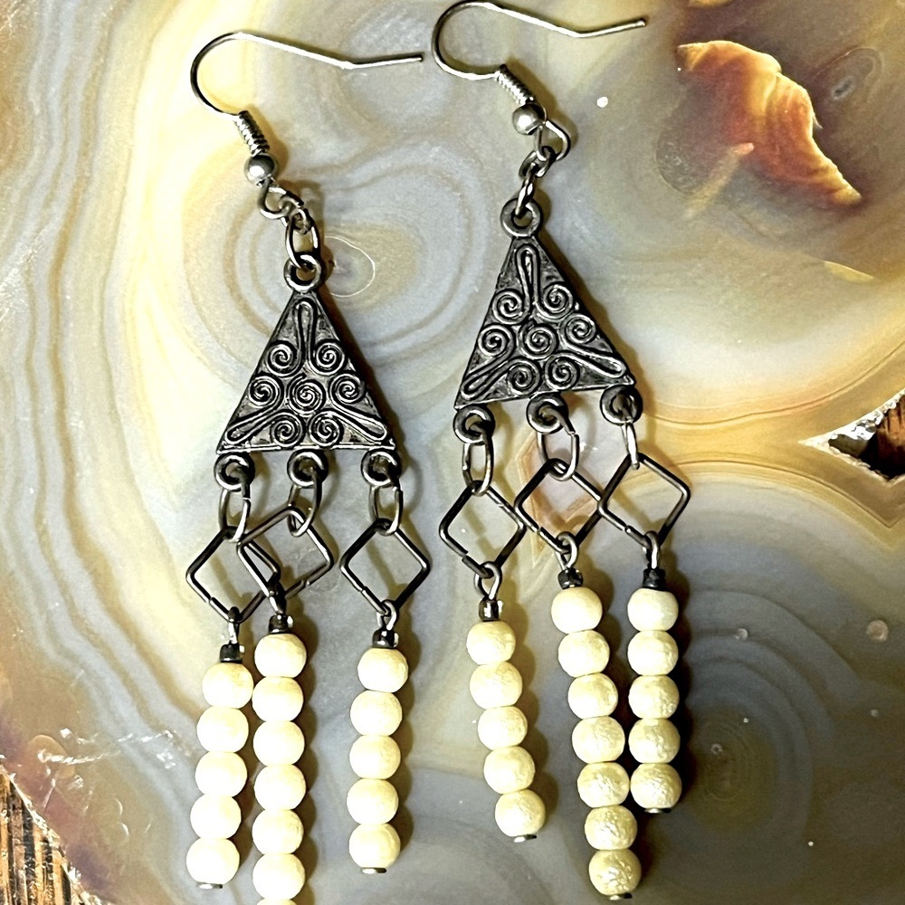 Silver Engraved Pearl Beaded Dangle Earrings Handmade